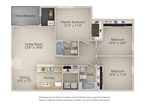 Floor plan for 3 beds, 2 baths, 1025 sqft
